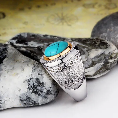 Men's Ring with Natural Blue Turquoise Cabochon in 925 Sterling Silver