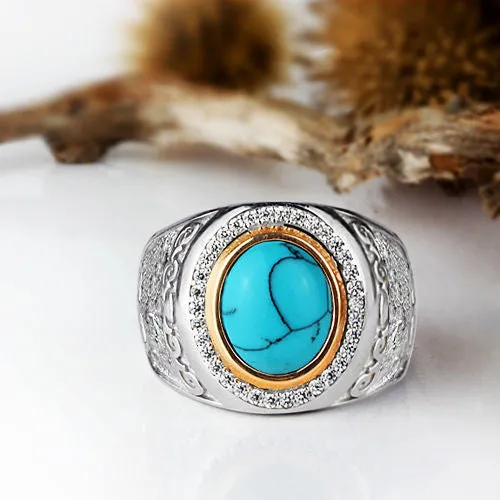 Men's Ring with Natural Blue Turquoise Cabochon in 925 Sterling Silver