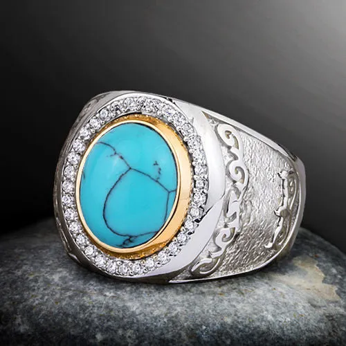 Men's Ring with Natural Blue Turquoise Cabochon in 925 Sterling Silver