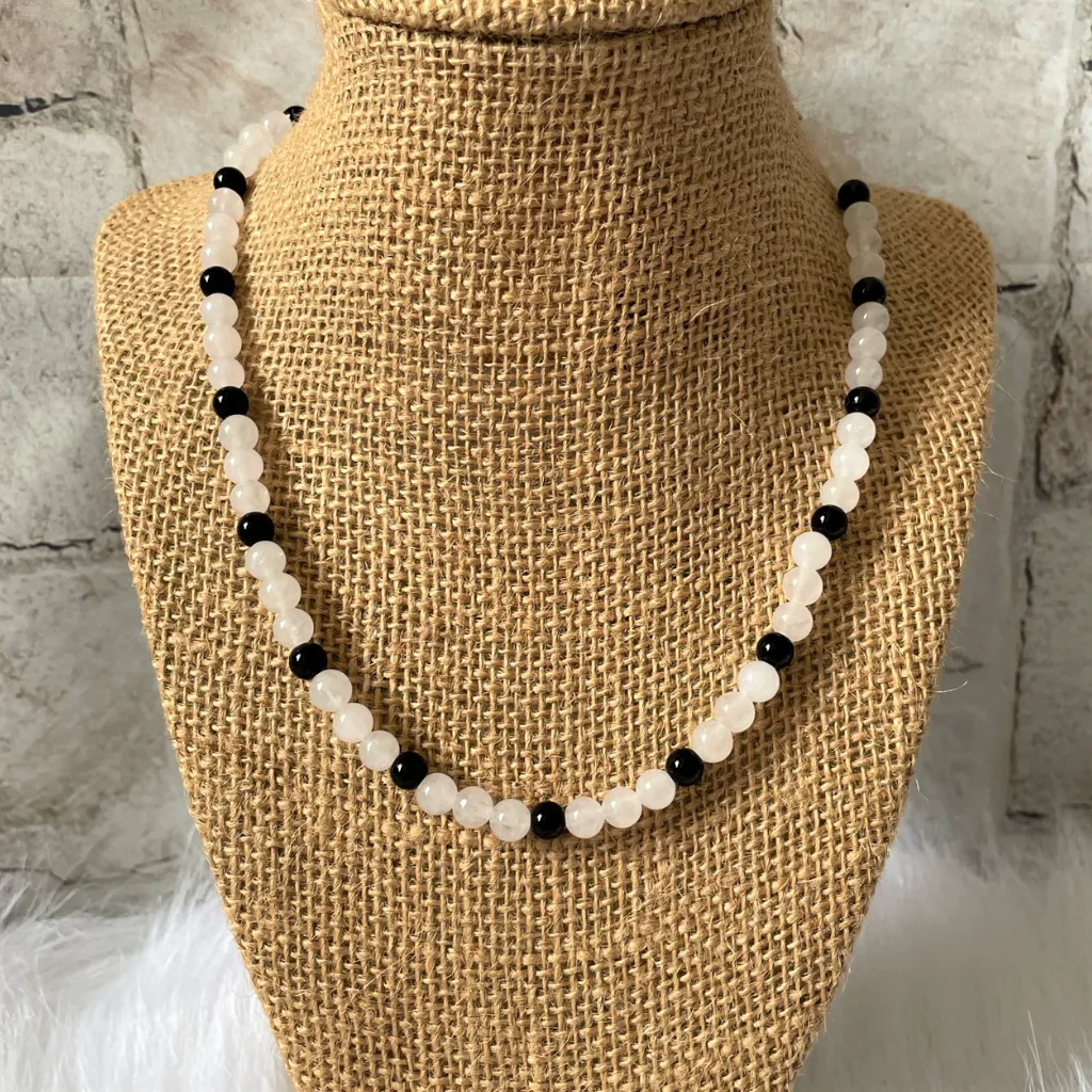 Mens White Jade and Black Onyx Beaded Necklace