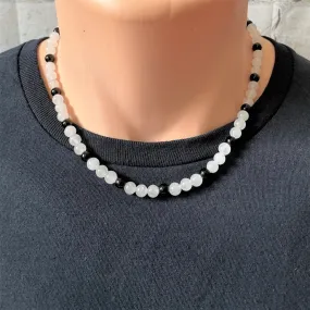 Mens White Jade and Black Onyx Beaded Necklace