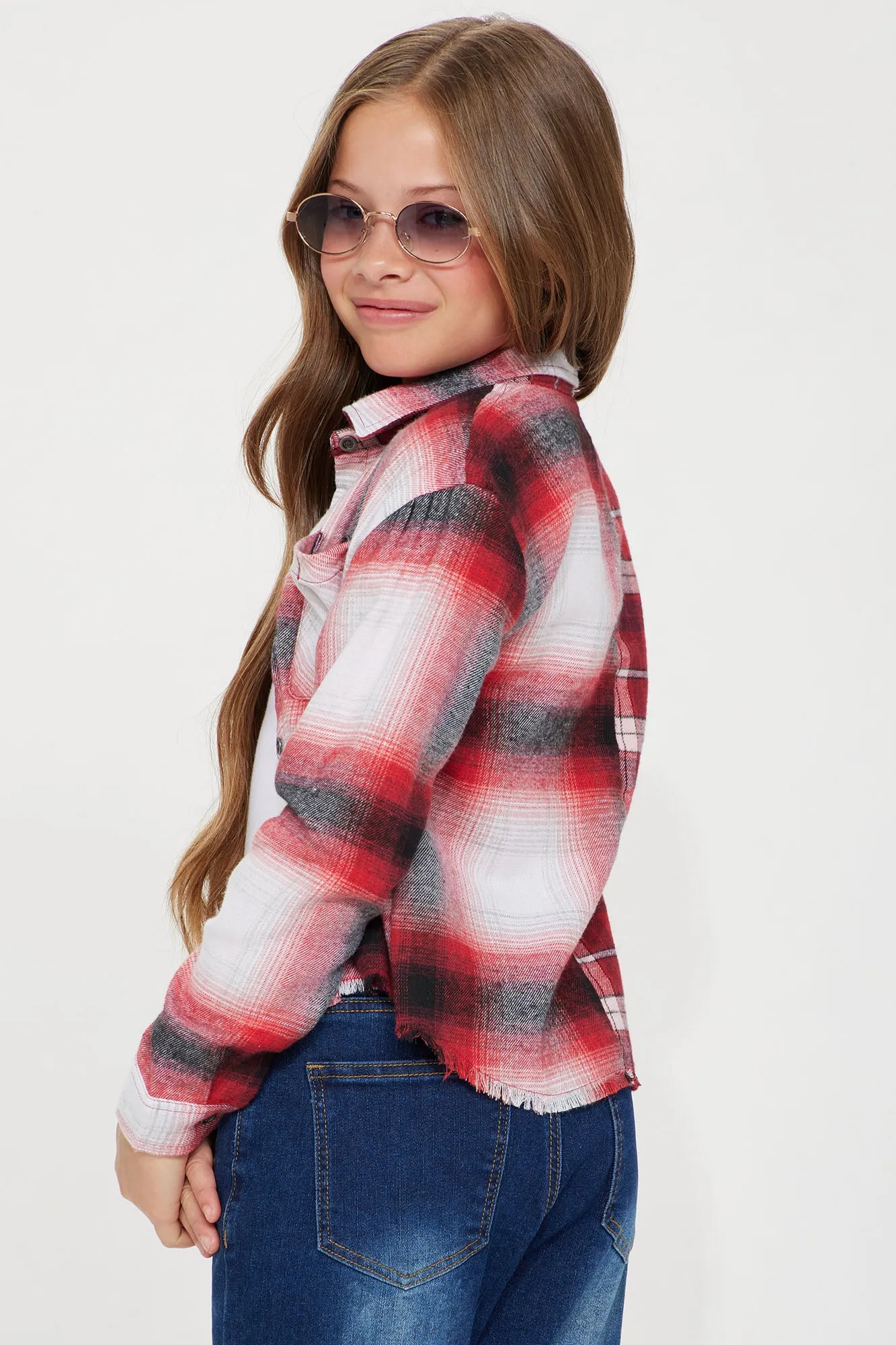 Mini Drop Shoulder Flannel Shirt - Red/Black