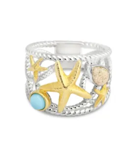 Nautical Starfish Two Tone Rope Ring - Larimar and Sand