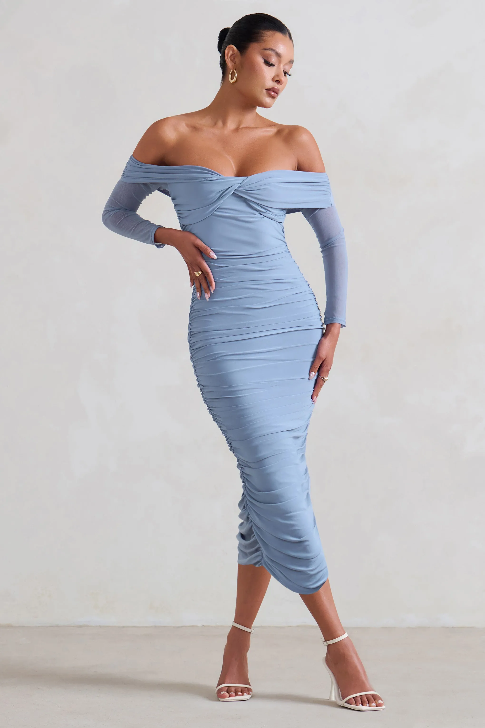 Neva | Ice Blue Bardot Twist Midi Dress