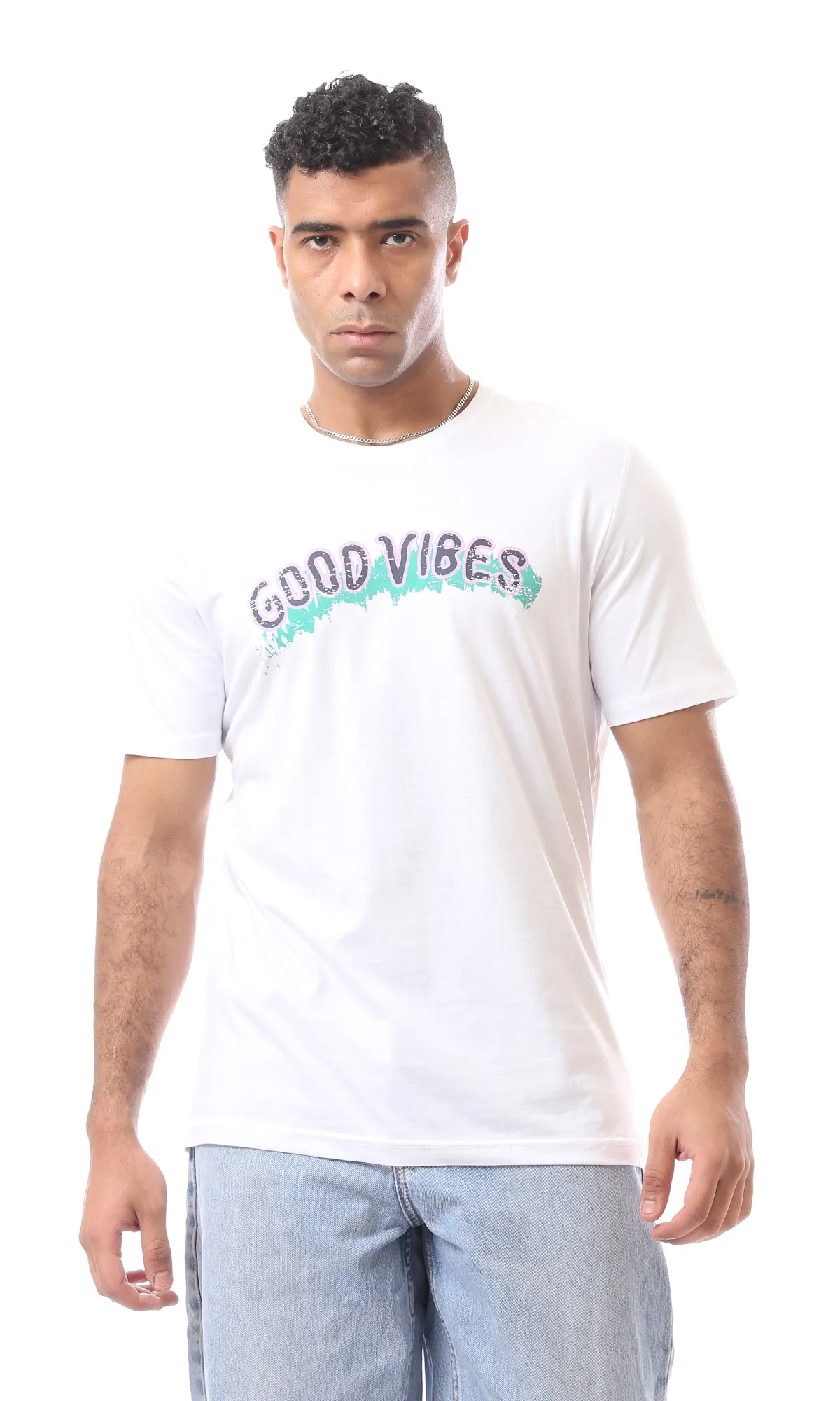 O163326 White Cotton Tee With Print Good Vibes