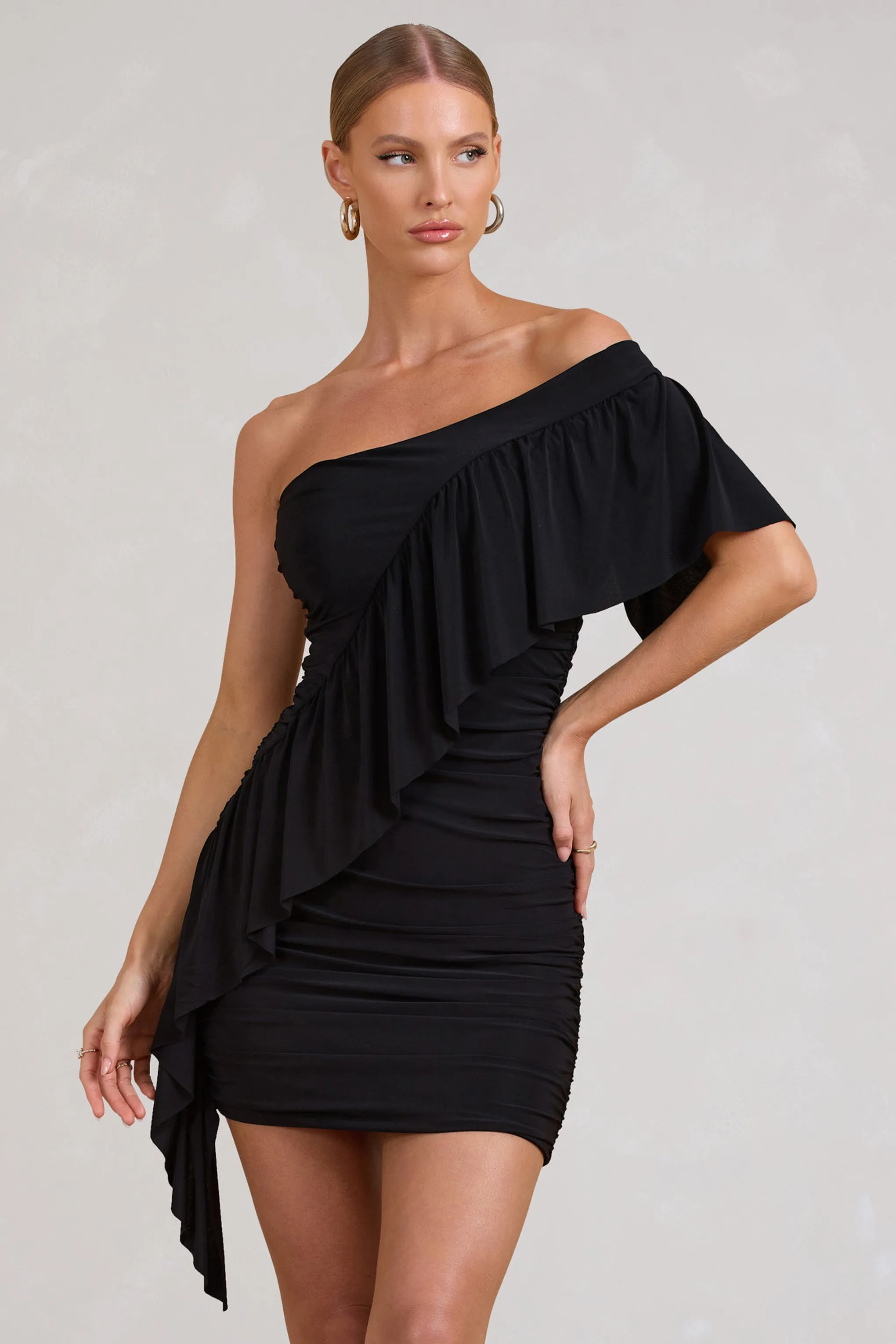 Parfait | Black Asymmetric Ruched Mini Dress With Statement Ruffles