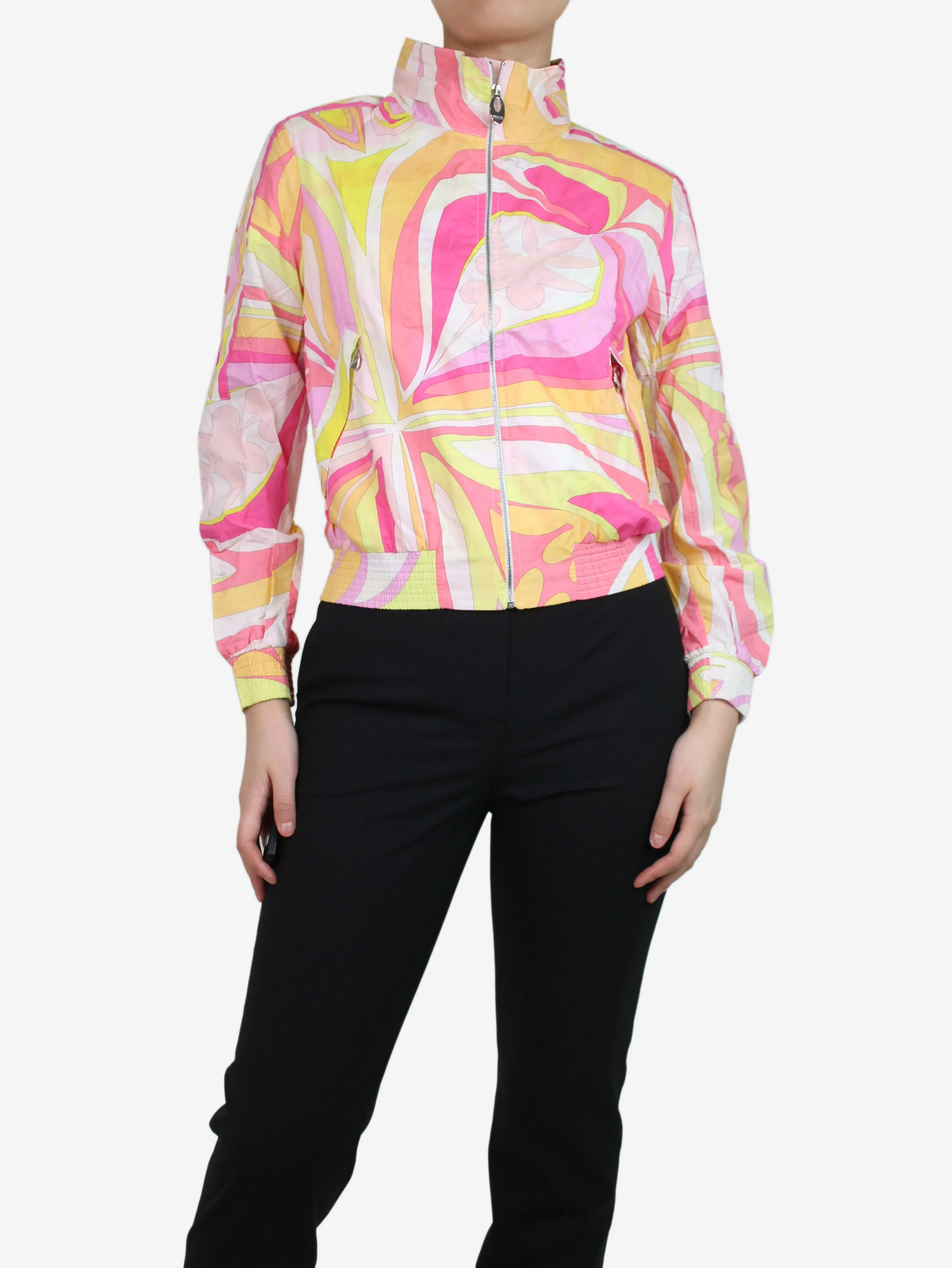 Pink printed high-neck jacket - size UK 8