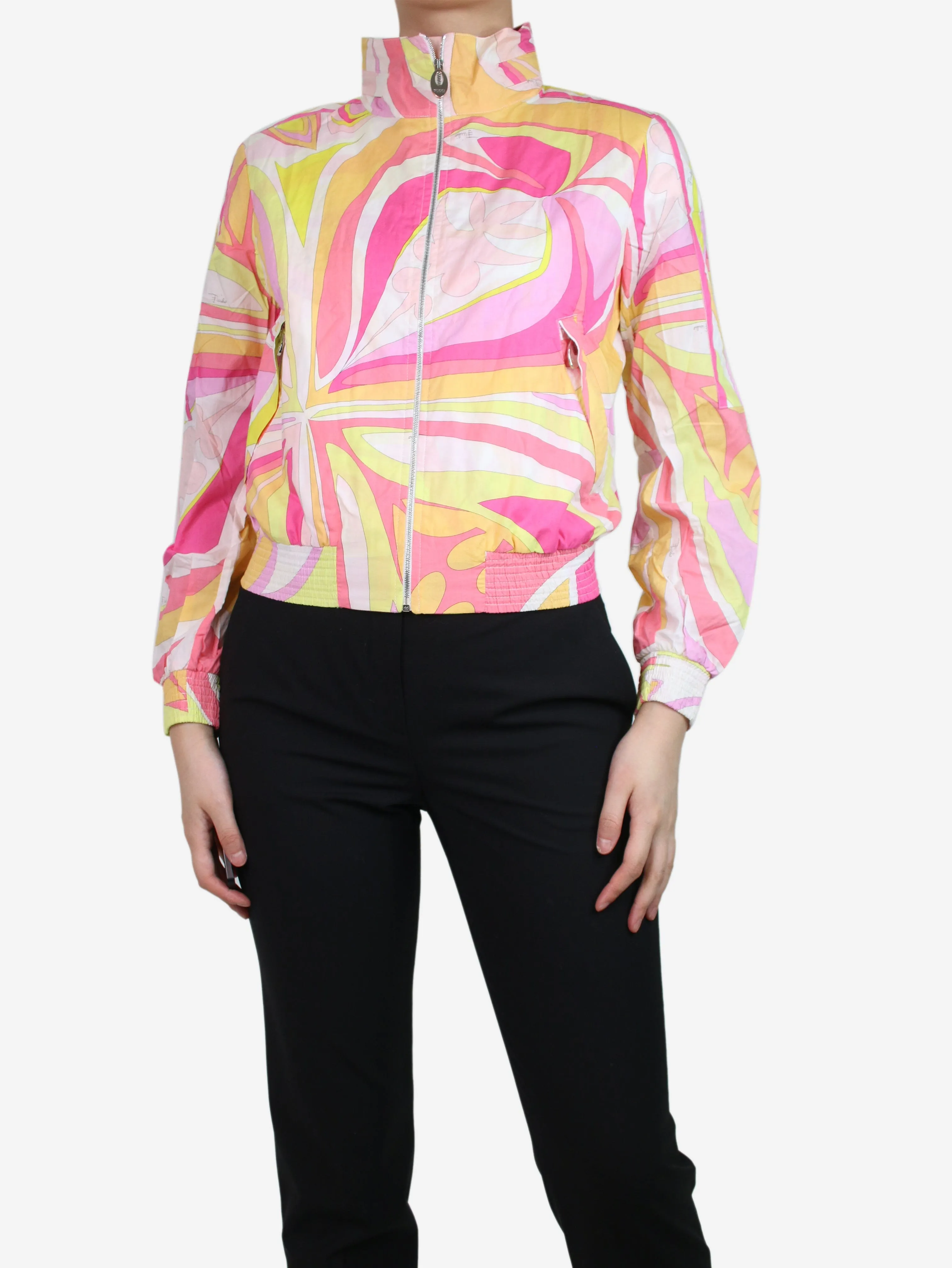 Pink printed high-neck jacket - size UK 8