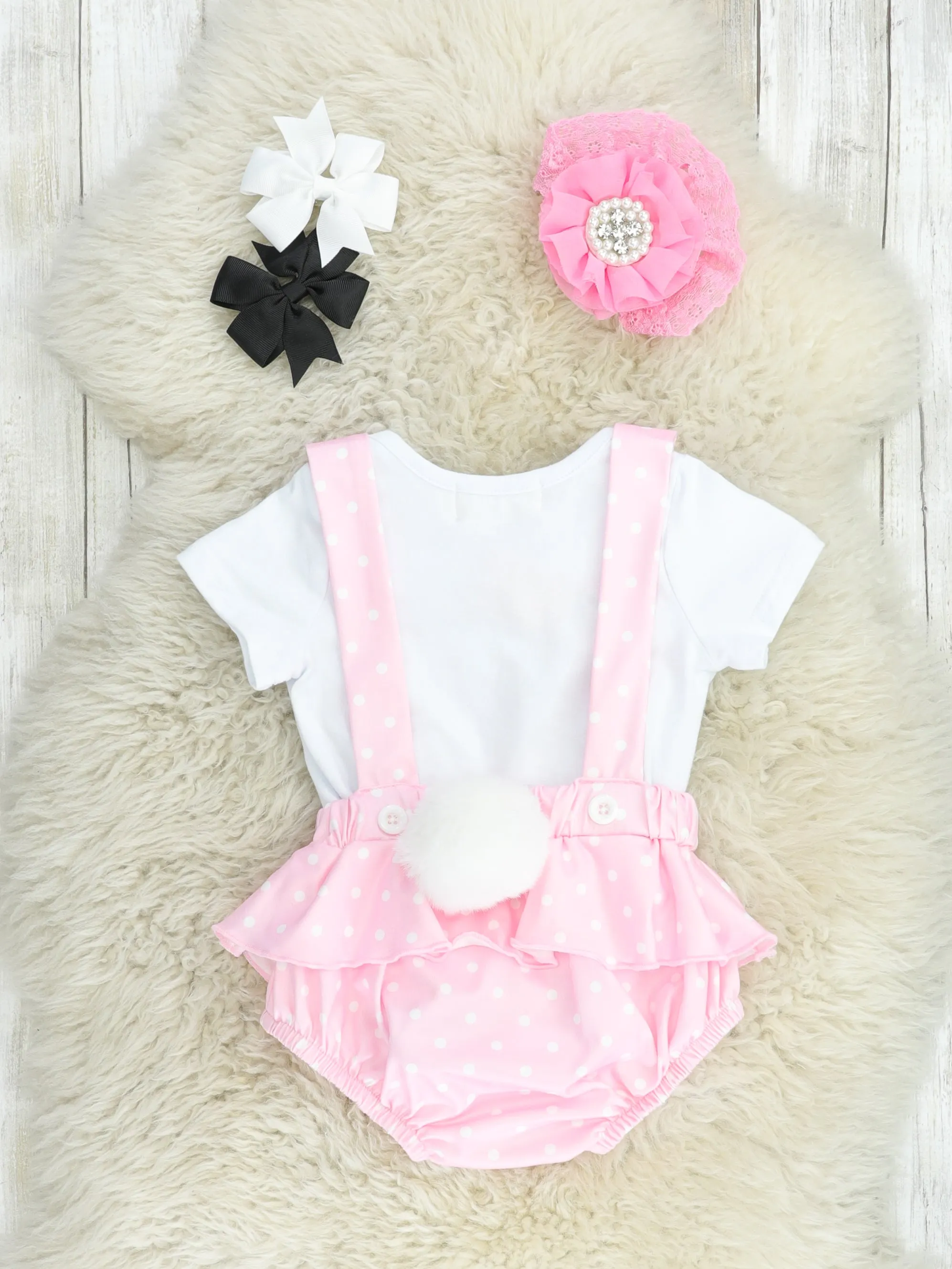 "Every Bunny Welcome" Onesie & Overall Bloomers Set