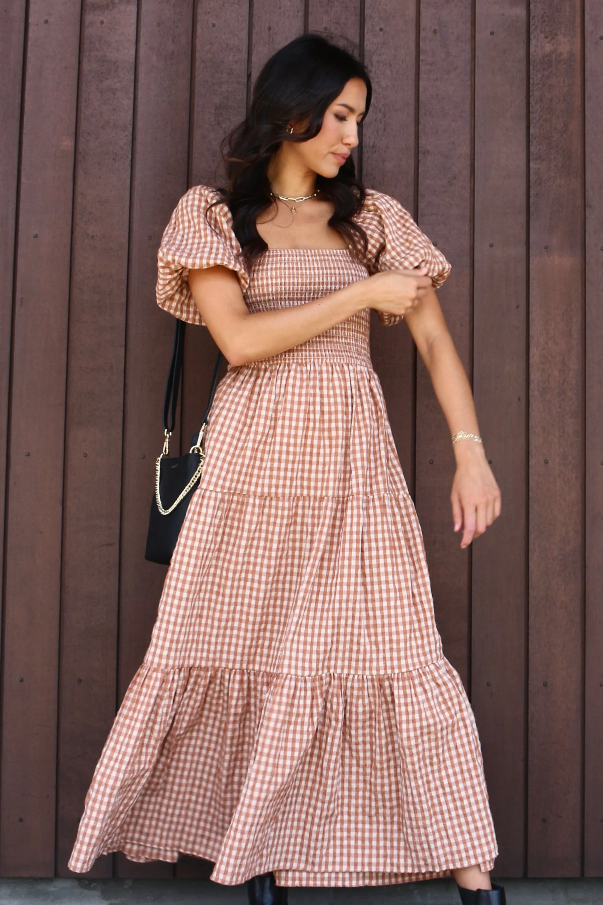 Raven Caramel Cotton Check Square Neck Bubble SS Tiered Midi Dress