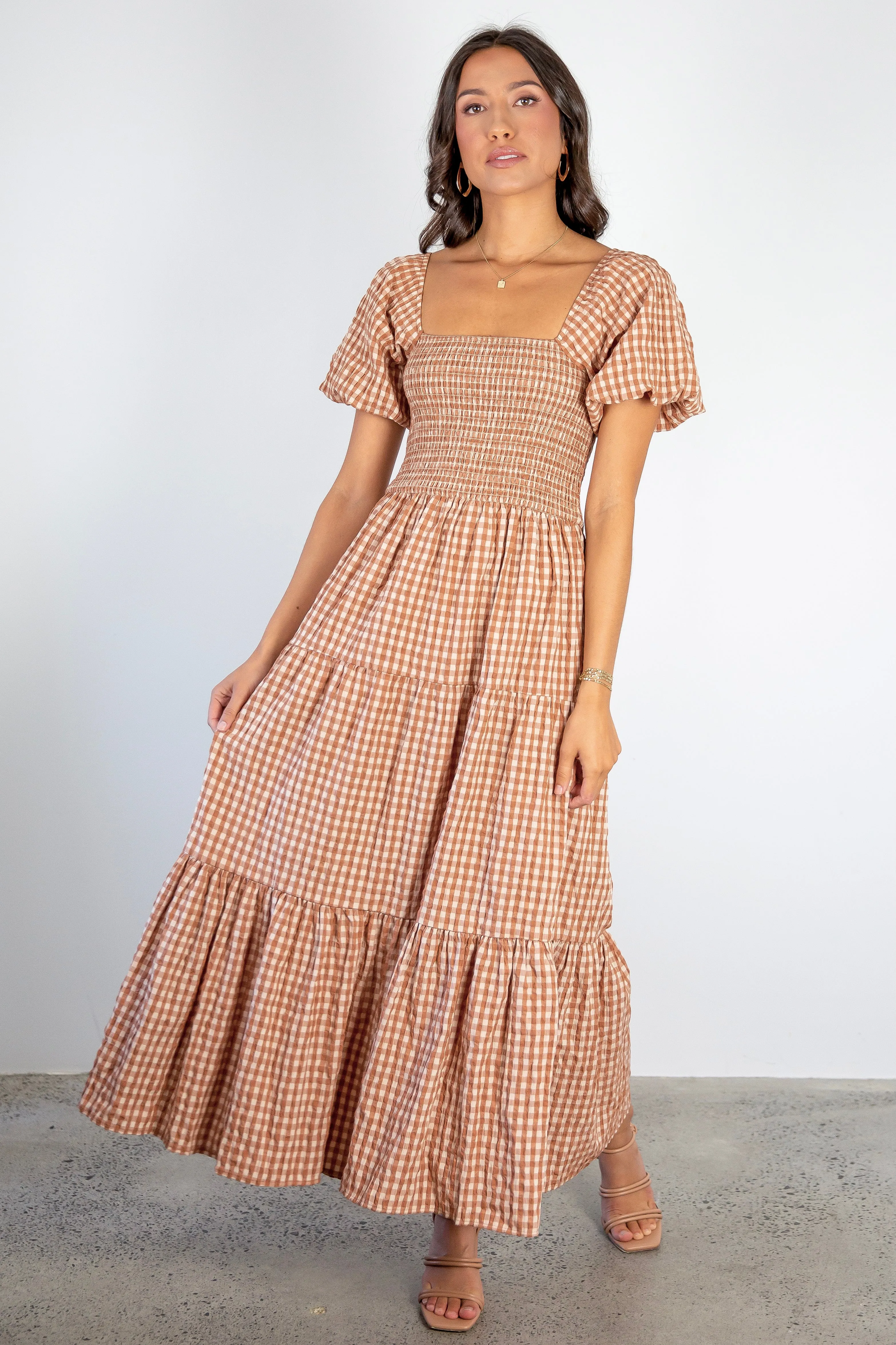 Raven Caramel Cotton Check Square Neck Bubble SS Tiered Midi Dress