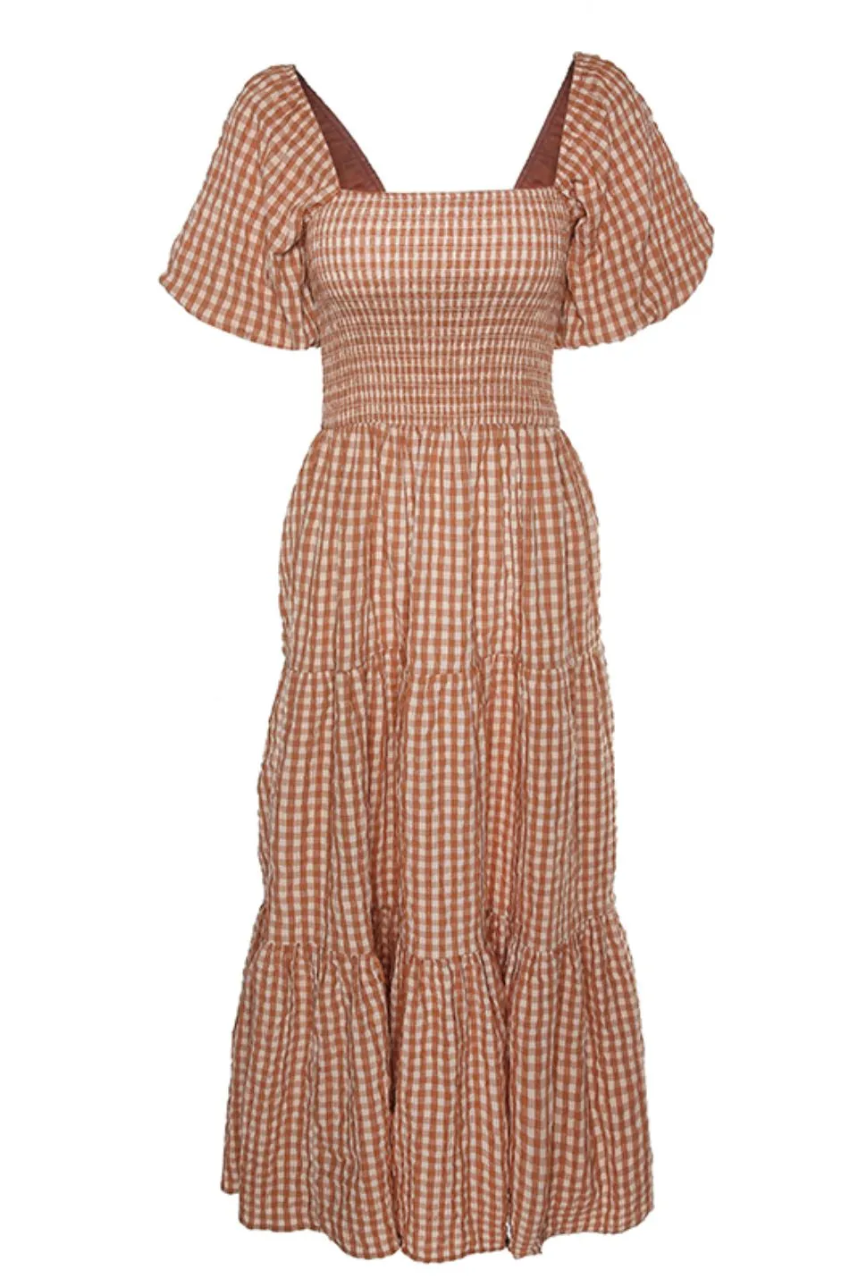 Raven Caramel Cotton Check Square Neck Bubble SS Tiered Midi Dress