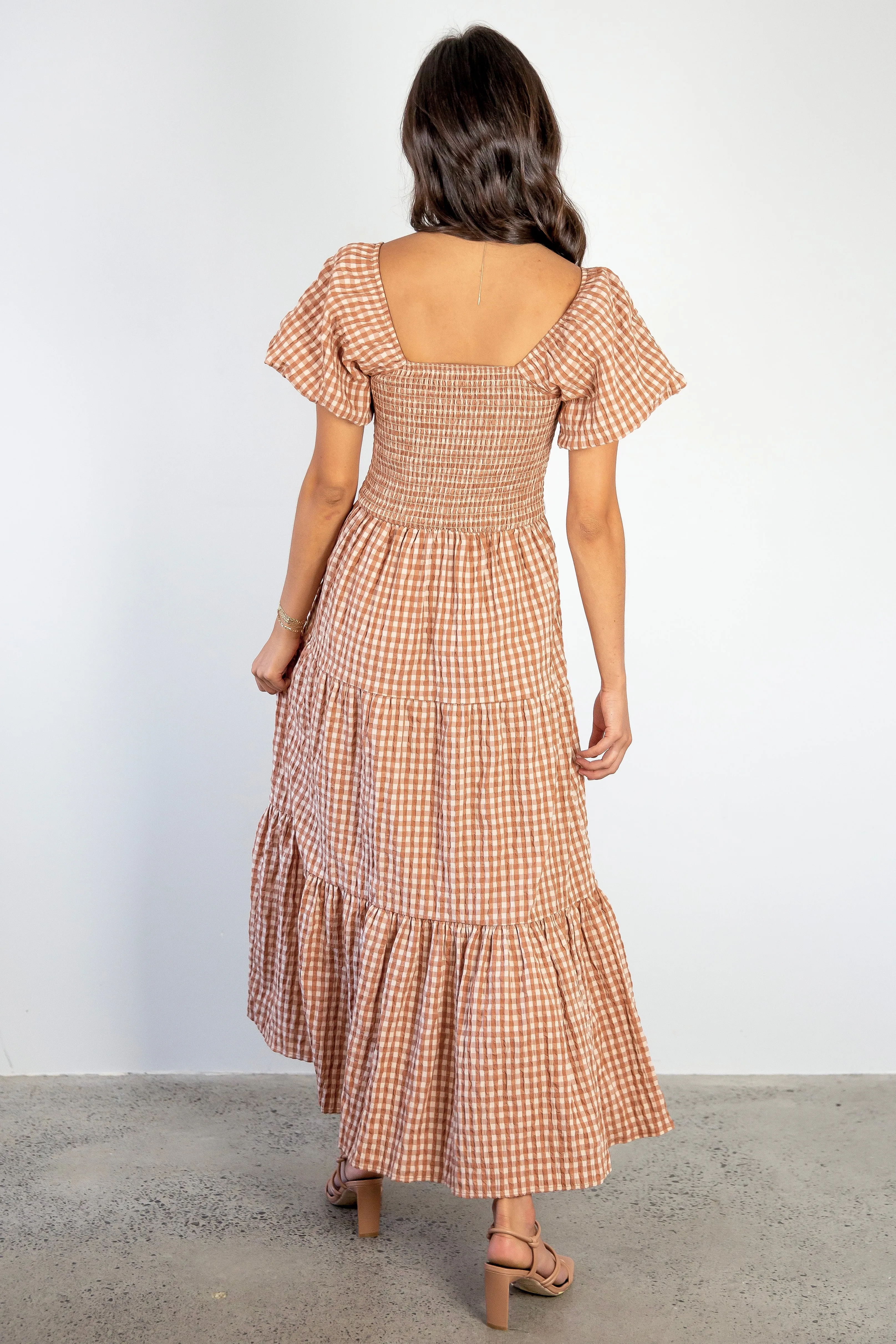 Raven Caramel Cotton Check Square Neck Bubble SS Tiered Midi Dress