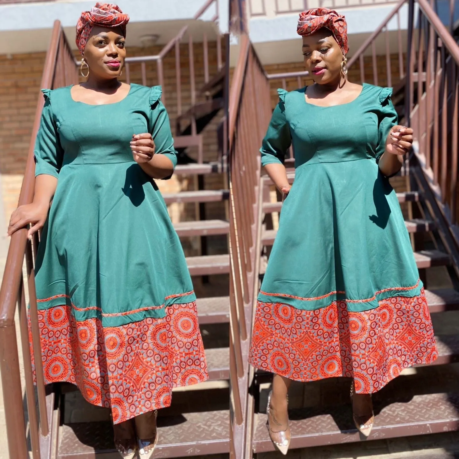 Round Neck 3 Quart Sleeve Ankara Dress