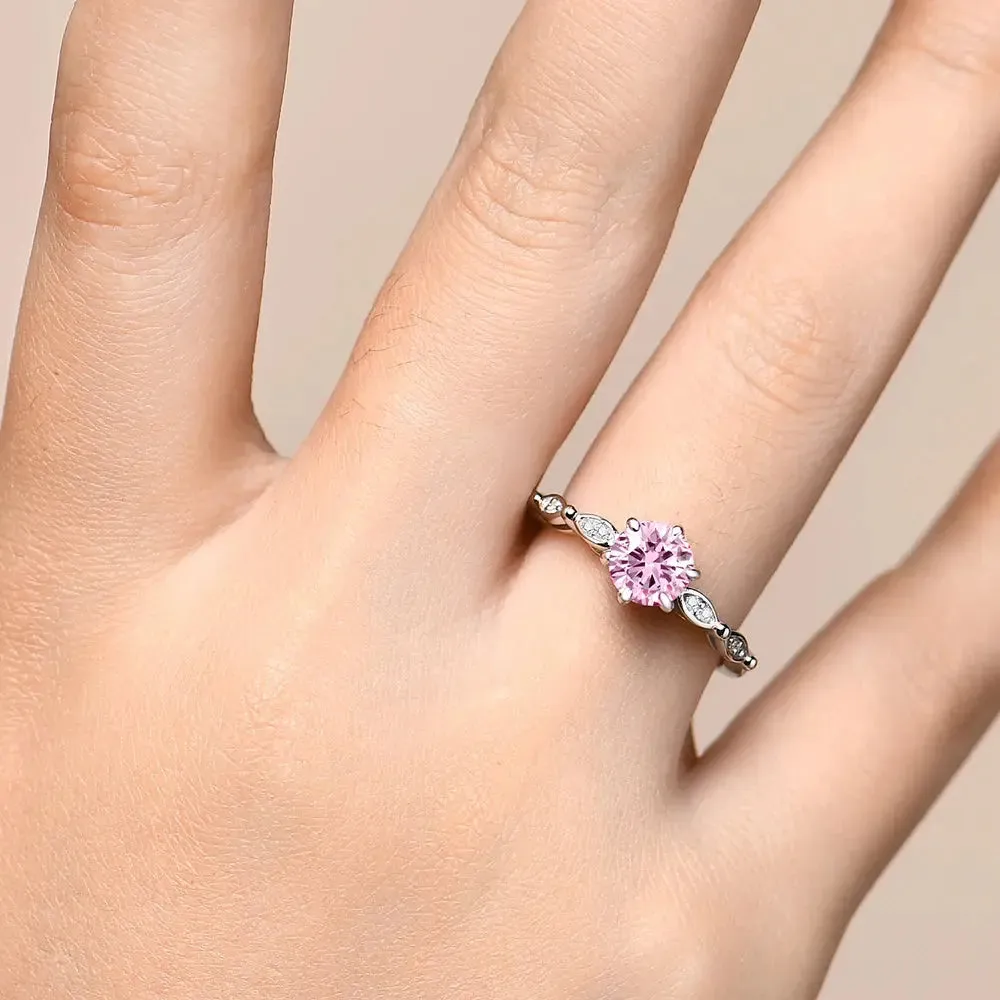 Silver or Gold 1.0ct Pink Moissanite Ring with Side Accent Stones