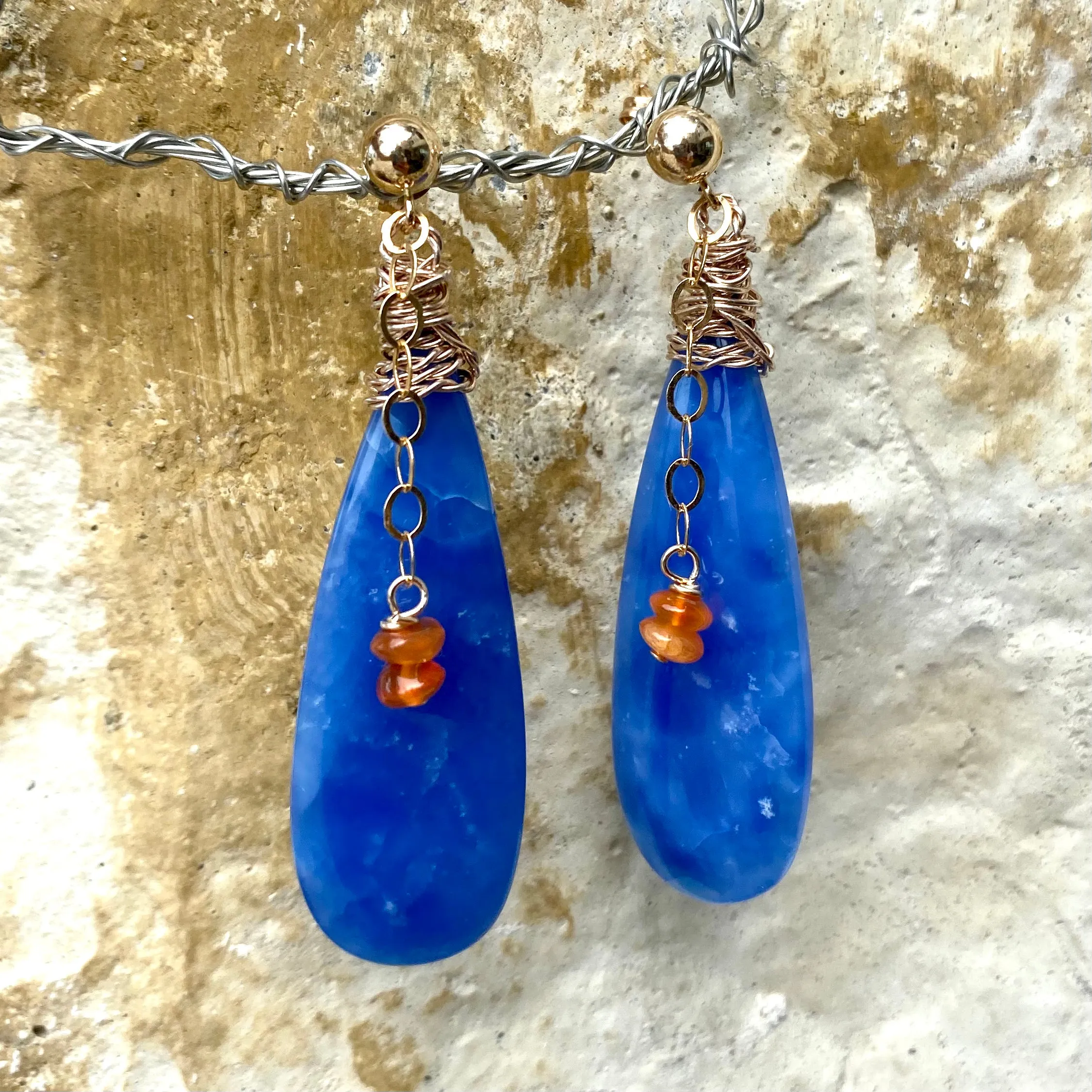 Teardrop Blue Onyx and Carnelian Earrings, Gold Filled, Artisan OOAK Jewelry