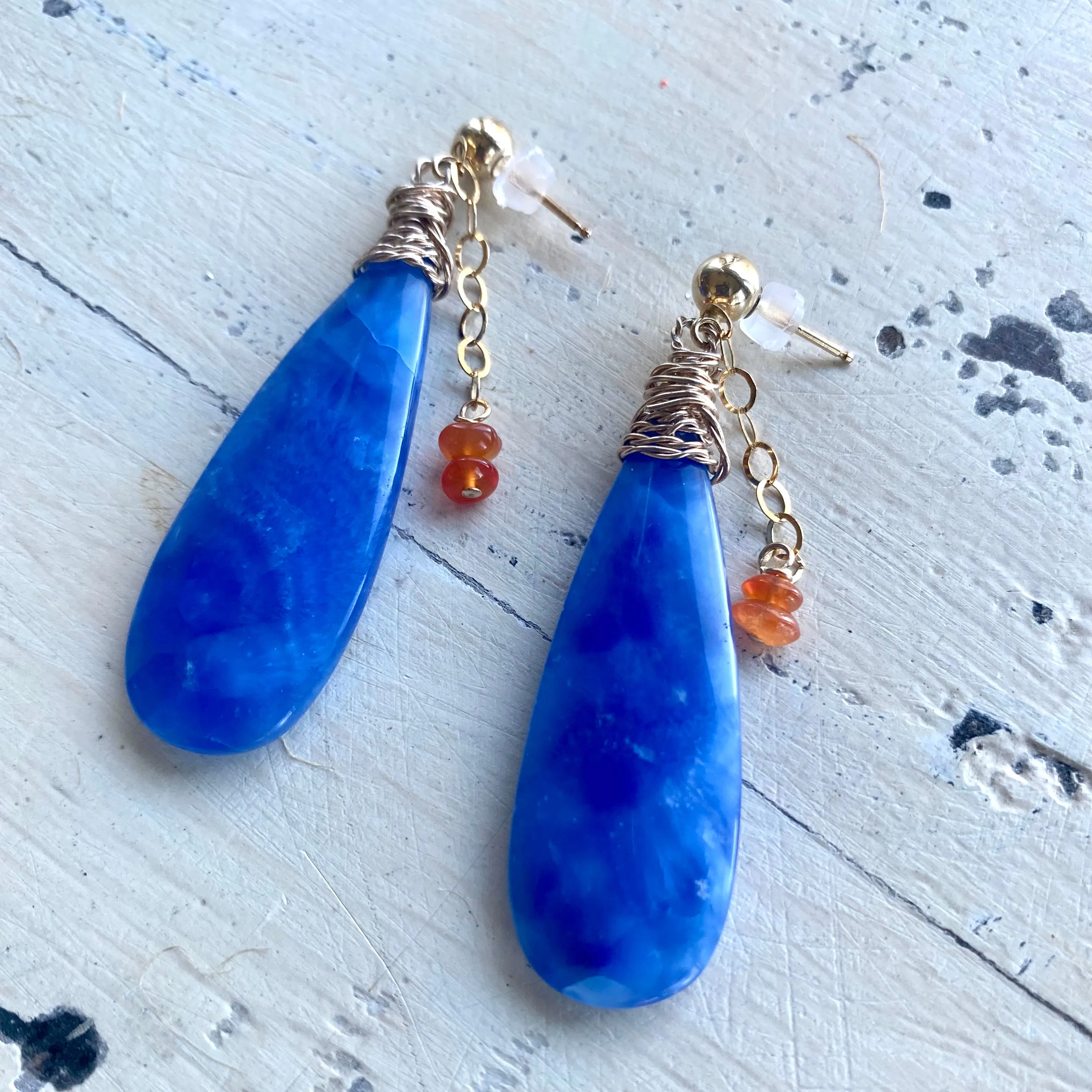 Teardrop Blue Onyx and Carnelian Earrings, Gold Filled, Artisan OOAK Jewelry