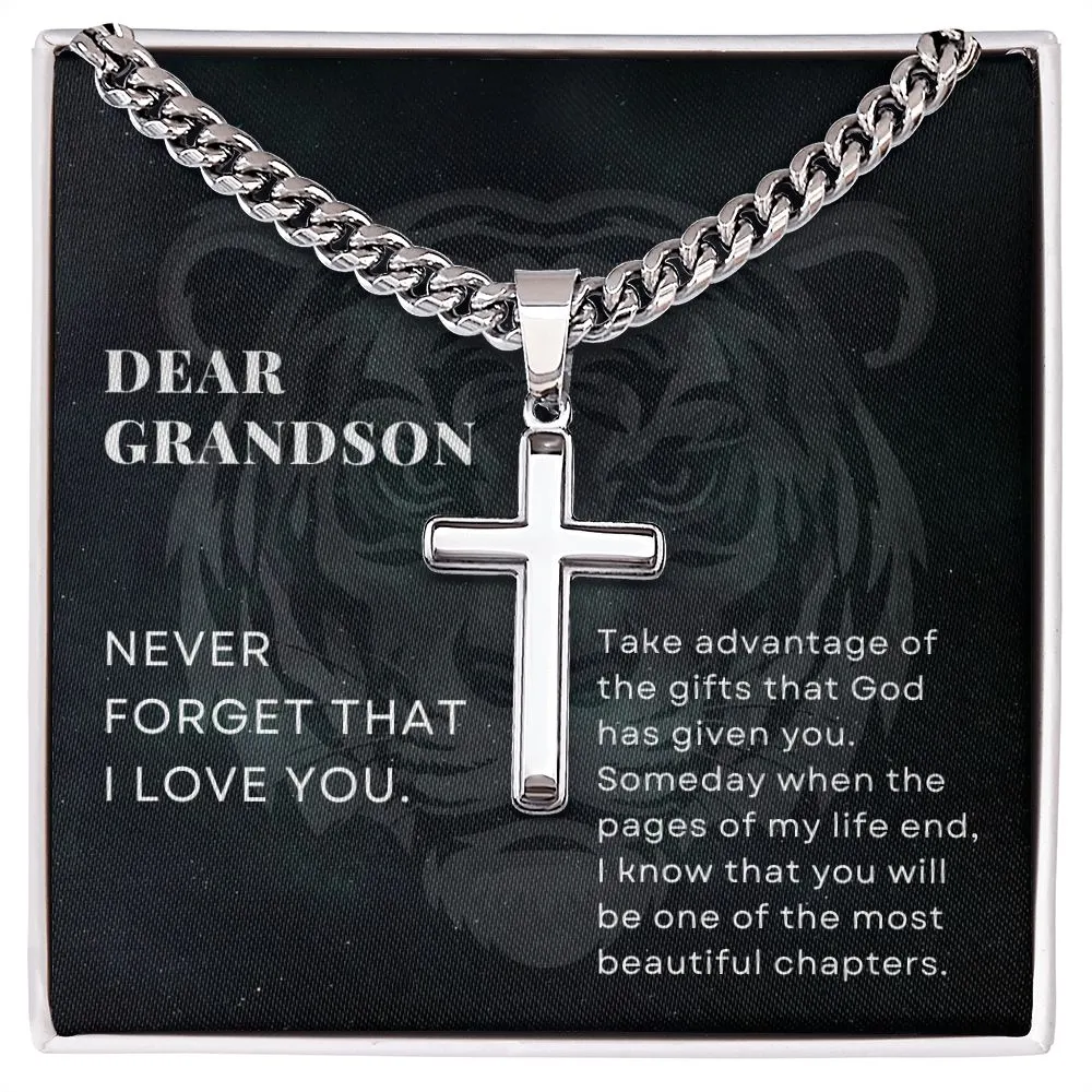 To Grandson Gift, Take Advantage of the Gifts, Encouragement From Grandma Cross Pendant Cuban Chain Necklace【Custom Engravable】