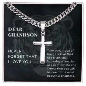 To Grandson Gift, Take Advantage of the Gifts, Encouragement From Grandma Cross Pendant Cuban Chain Necklace【Custom Engravable】