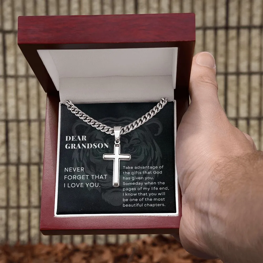 To Grandson Gift, Take Advantage of the Gifts, Encouragement From Grandma Cross Pendant Cuban Chain Necklace【Custom Engravable】