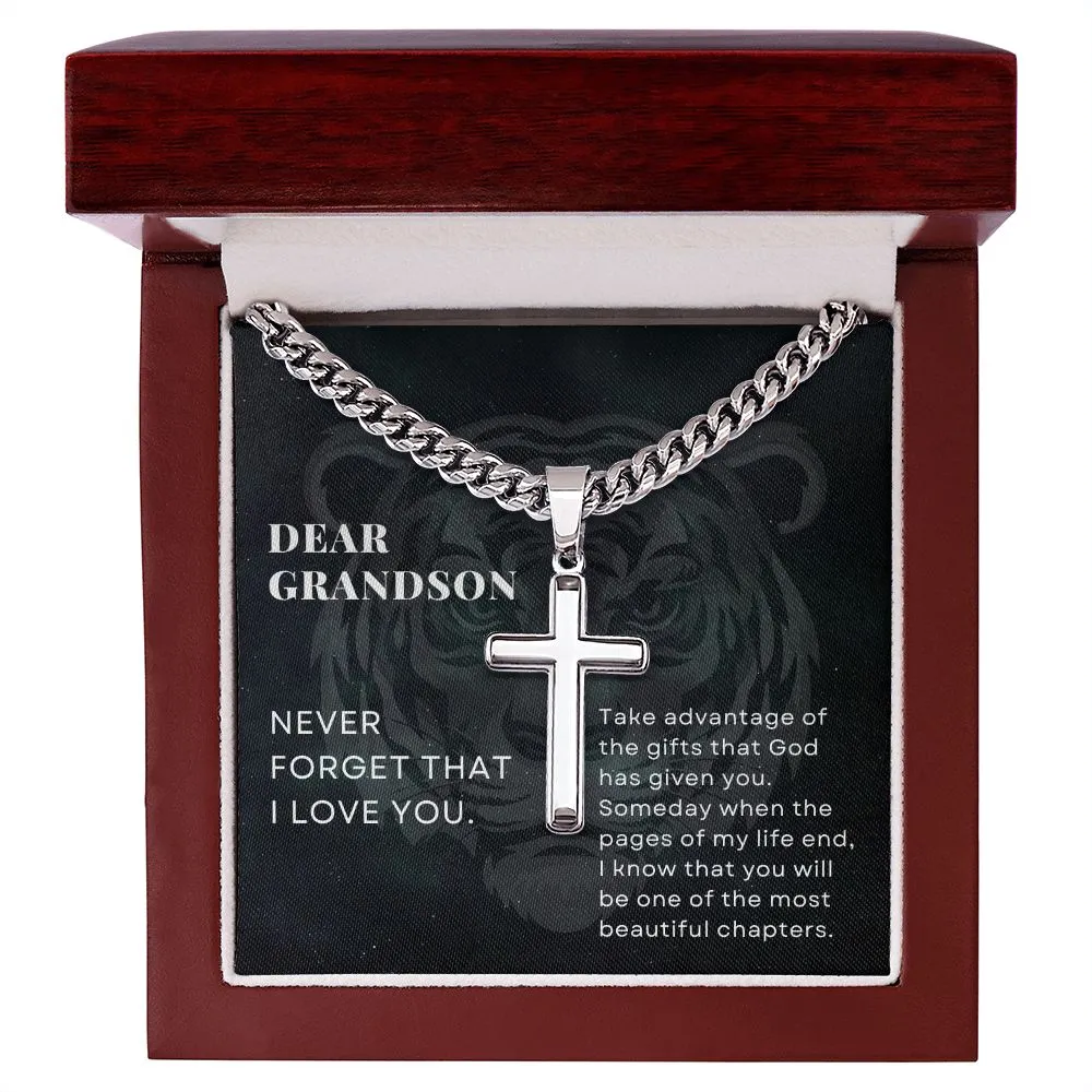 To Grandson Gift, Take Advantage of the Gifts, Encouragement From Grandma Cross Pendant Cuban Chain Necklace【Custom Engravable】