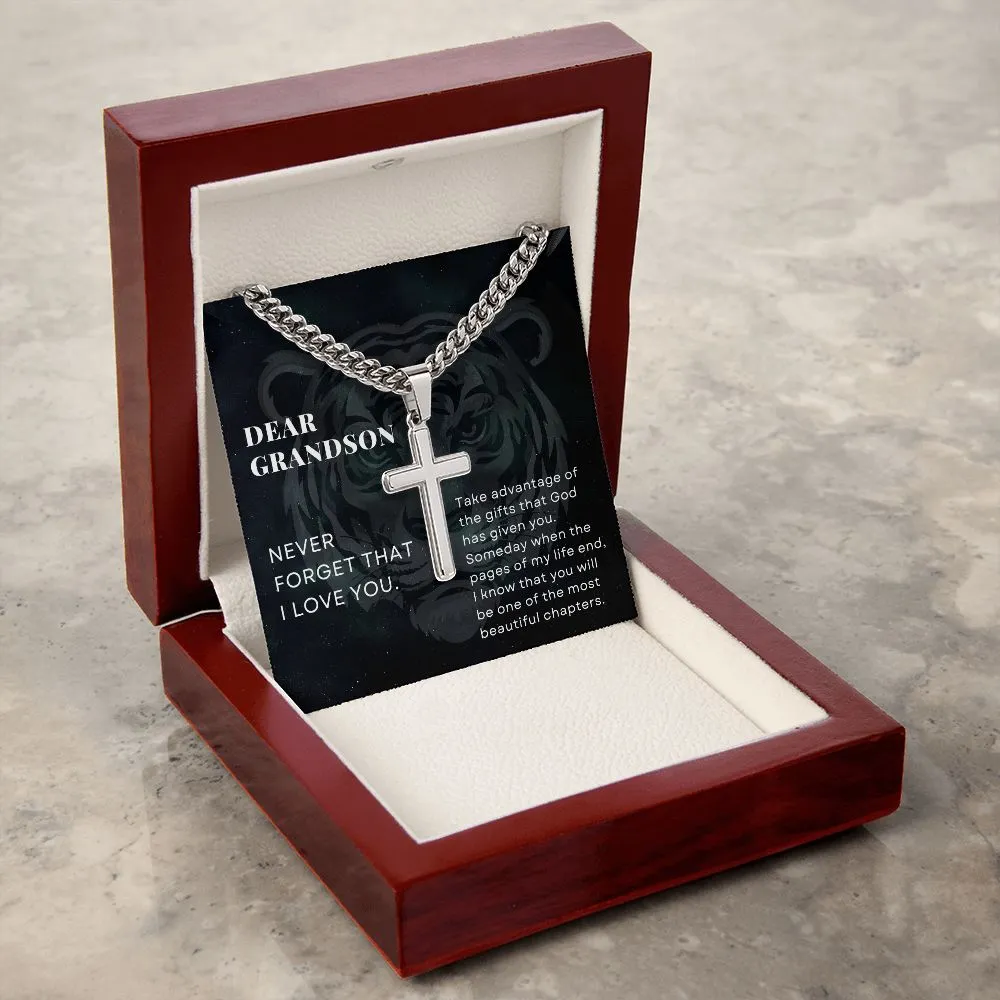 To Grandson Gift, Take Advantage of the Gifts, Encouragement From Grandma Cross Pendant Cuban Chain Necklace【Custom Engravable】