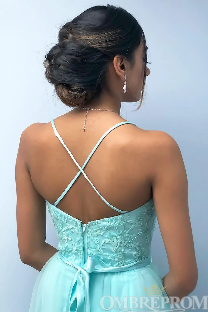 Unique Sweetheart Spaghetti Straps A Line Lace Prom Dresses