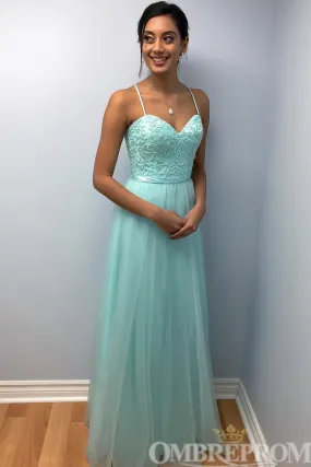 Unique Sweetheart Spaghetti Straps A Line Lace Prom Dresses