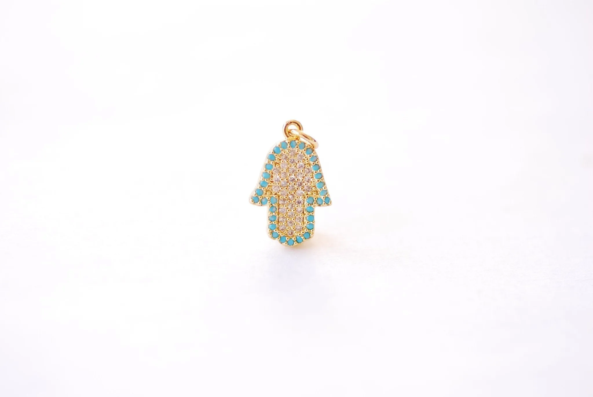 Wholesale Hamsa Hand Micro Pave CZ Round Textured Charm - Cubic Zirconia Hand of Fatima Yoga Ohm Evil Eye Turquoise Blue HarperCrown B210