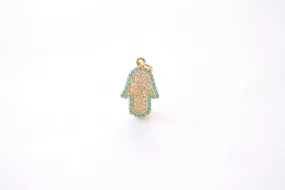 Wholesale Hamsa Hand Micro Pave CZ Round Textured Charm - Cubic Zirconia Hand of Fatima Yoga Ohm Evil Eye Turquoise Blue HarperCrown B210