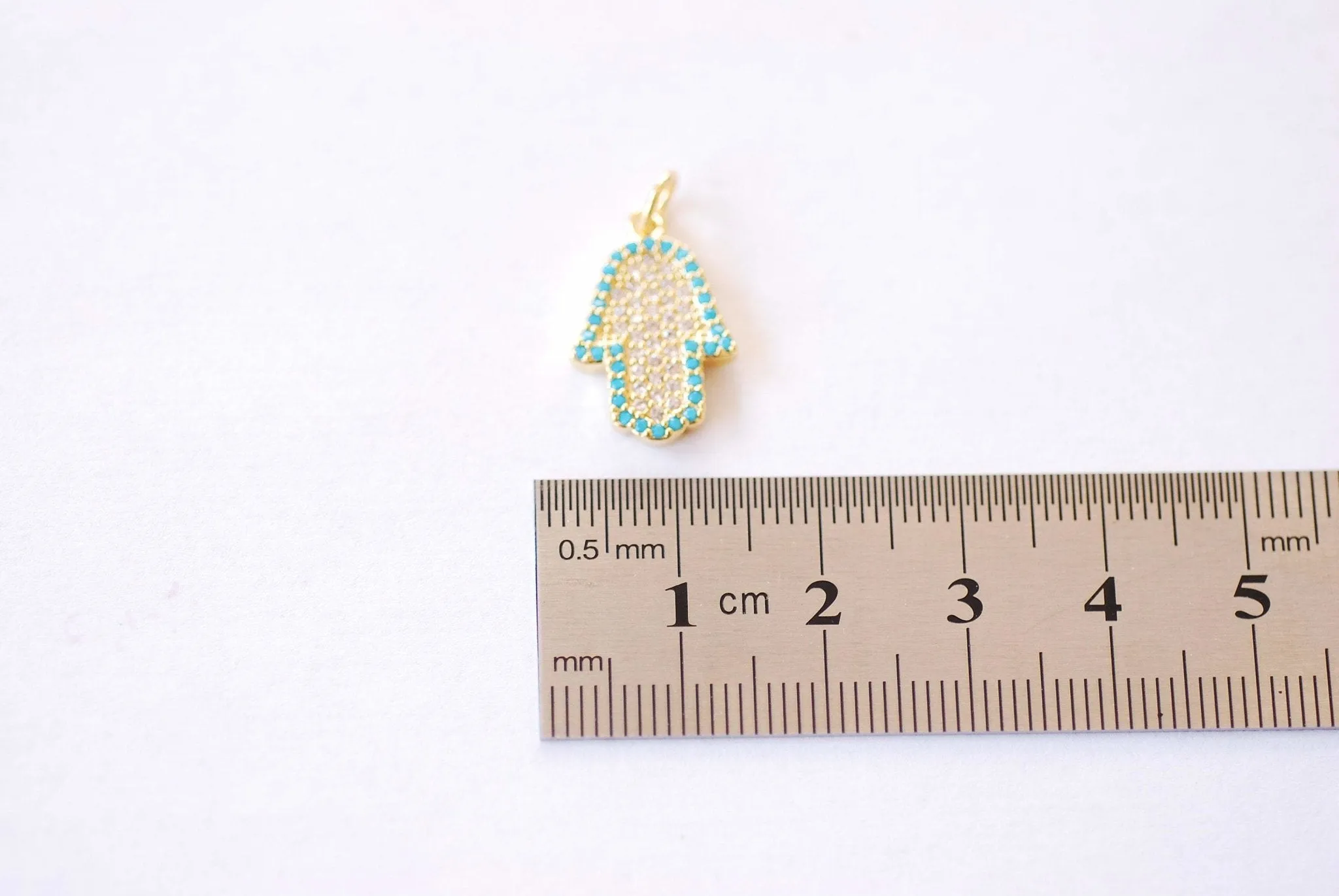 Wholesale Hamsa Hand Micro Pave CZ Round Textured Charm - Cubic Zirconia Hand of Fatima Yoga Ohm Evil Eye Turquoise Blue HarperCrown B210